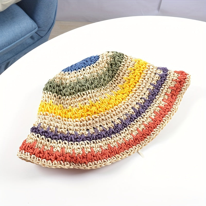 Girls' Straw Beach Bucket Hat Sun Protection Big Brim, Summer