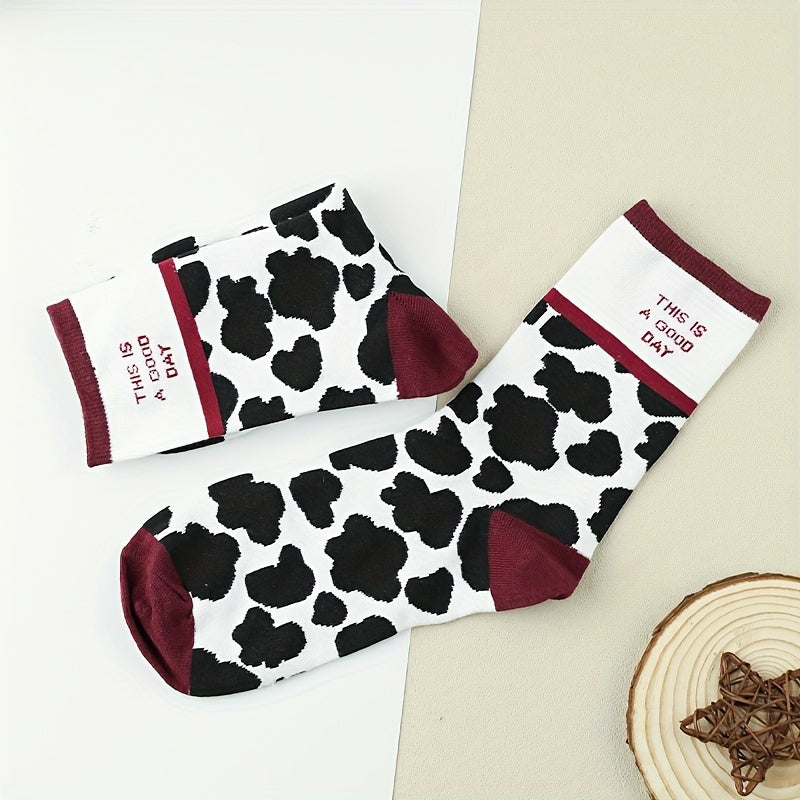 3 Pairs Cow Spot Print Socks Comfy & Breathable Mid Tube Socks Women's Stockings