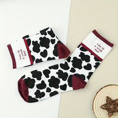 3 Pairs Cow Spot Print Socks Comfy & Breathable Mid Tube Socks Women's Stockings