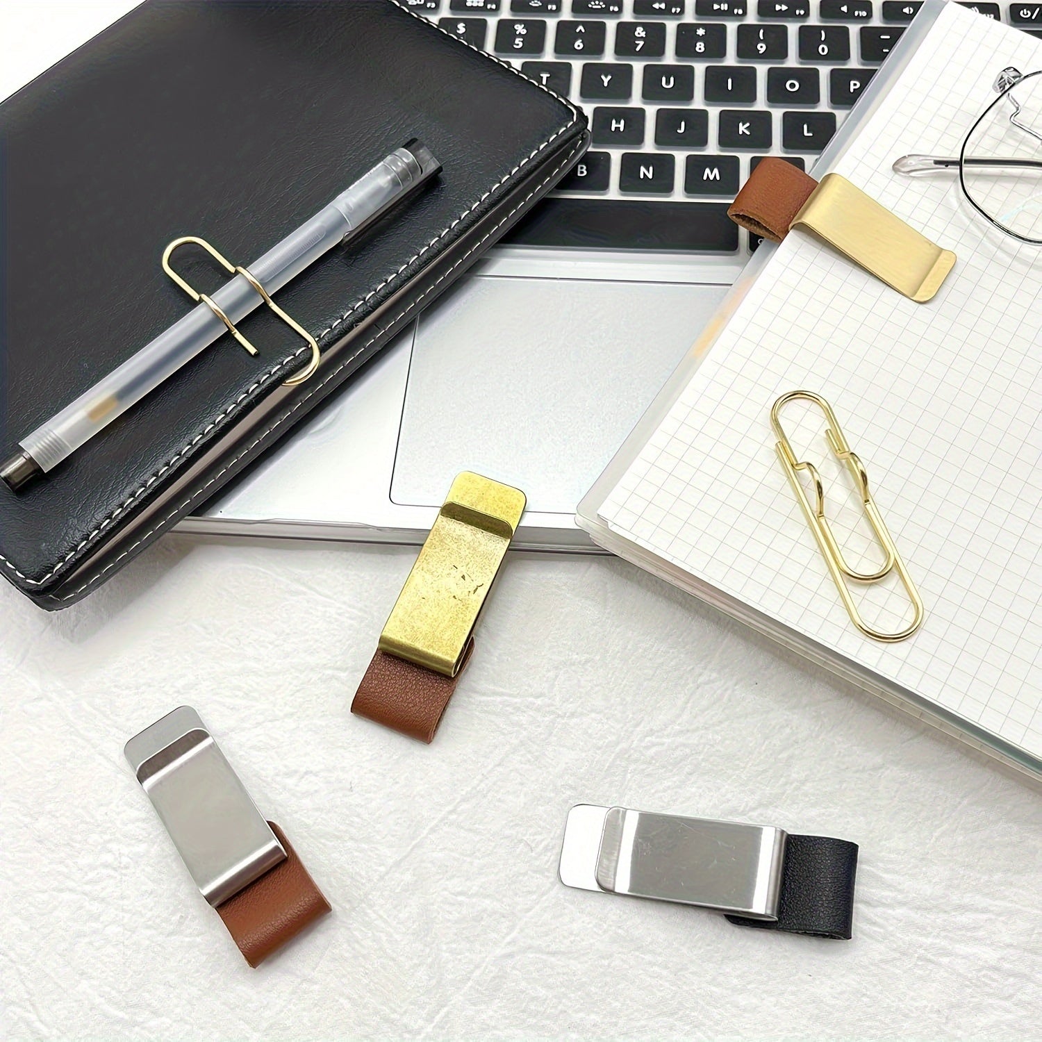 6pcs Notebook Pen Clip PU Leather Retro Holder Loop & Metal Clips Pencil Elastic