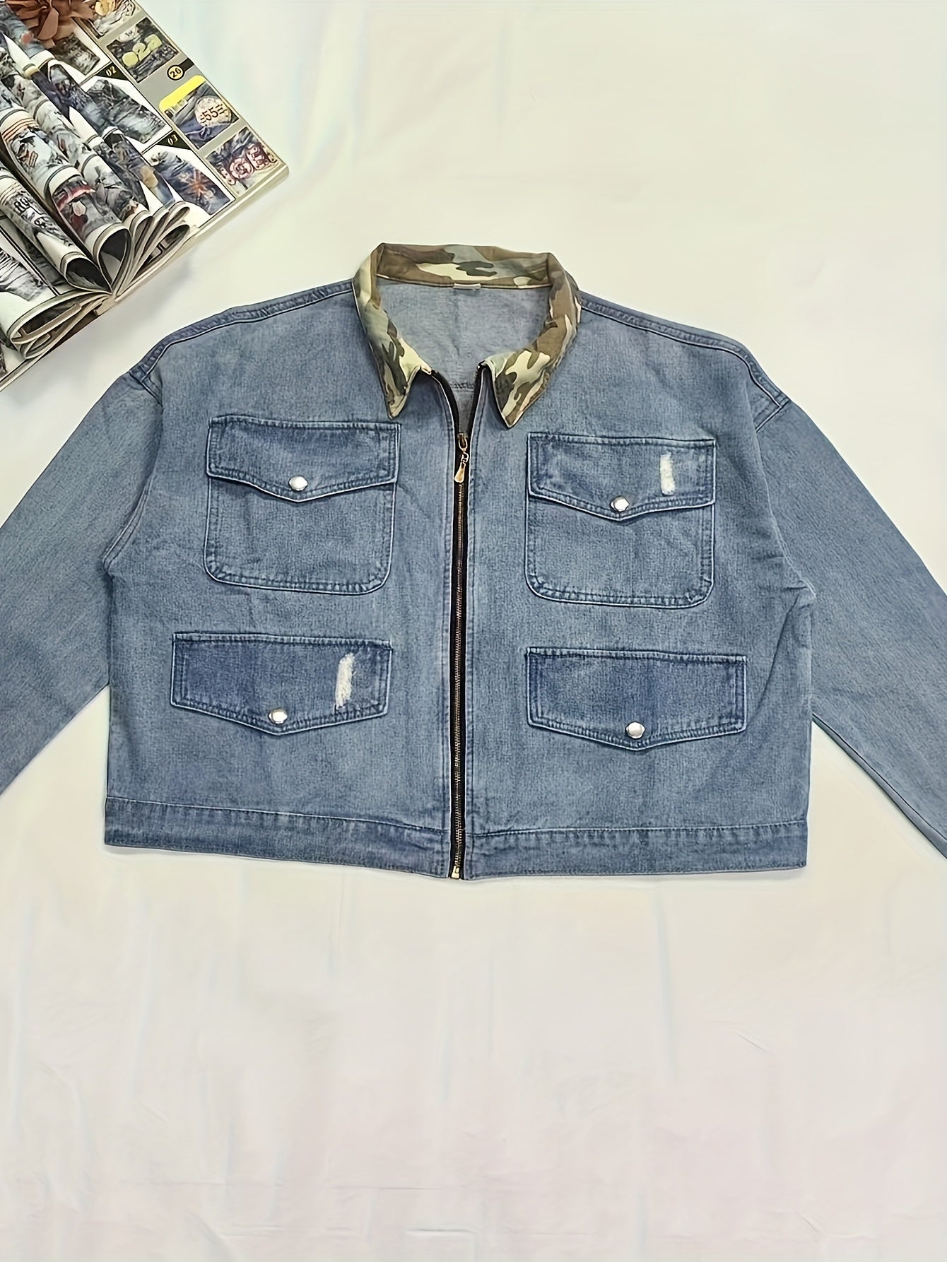 Colorblock Camo Print Denim Jacket