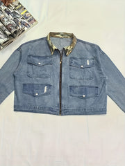 Colorblock Camo Print Denim Jacket