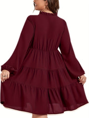 Casual Dress Women's Solid Long Sleeve Round Neck Smock Tie Dress