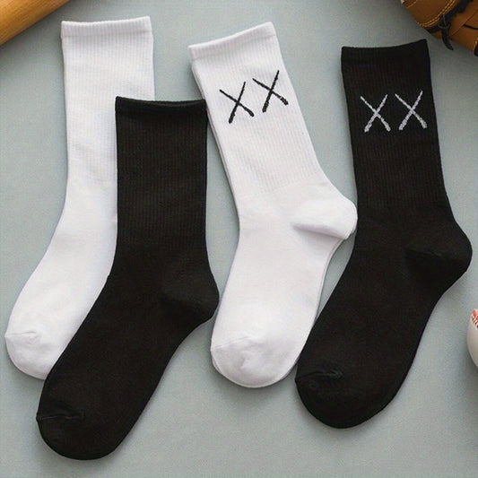 4 Pairs Boys Cotton XX Pattern And Street Style Mid Tube Socks