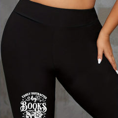 Women's Plus Slogan & Book & Floral Print High Rise Biker Shorts