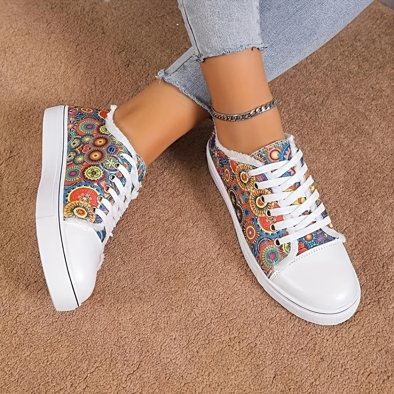 Ethnic Print Raw Trim Flat Skate Shoes Canvas Sneakers