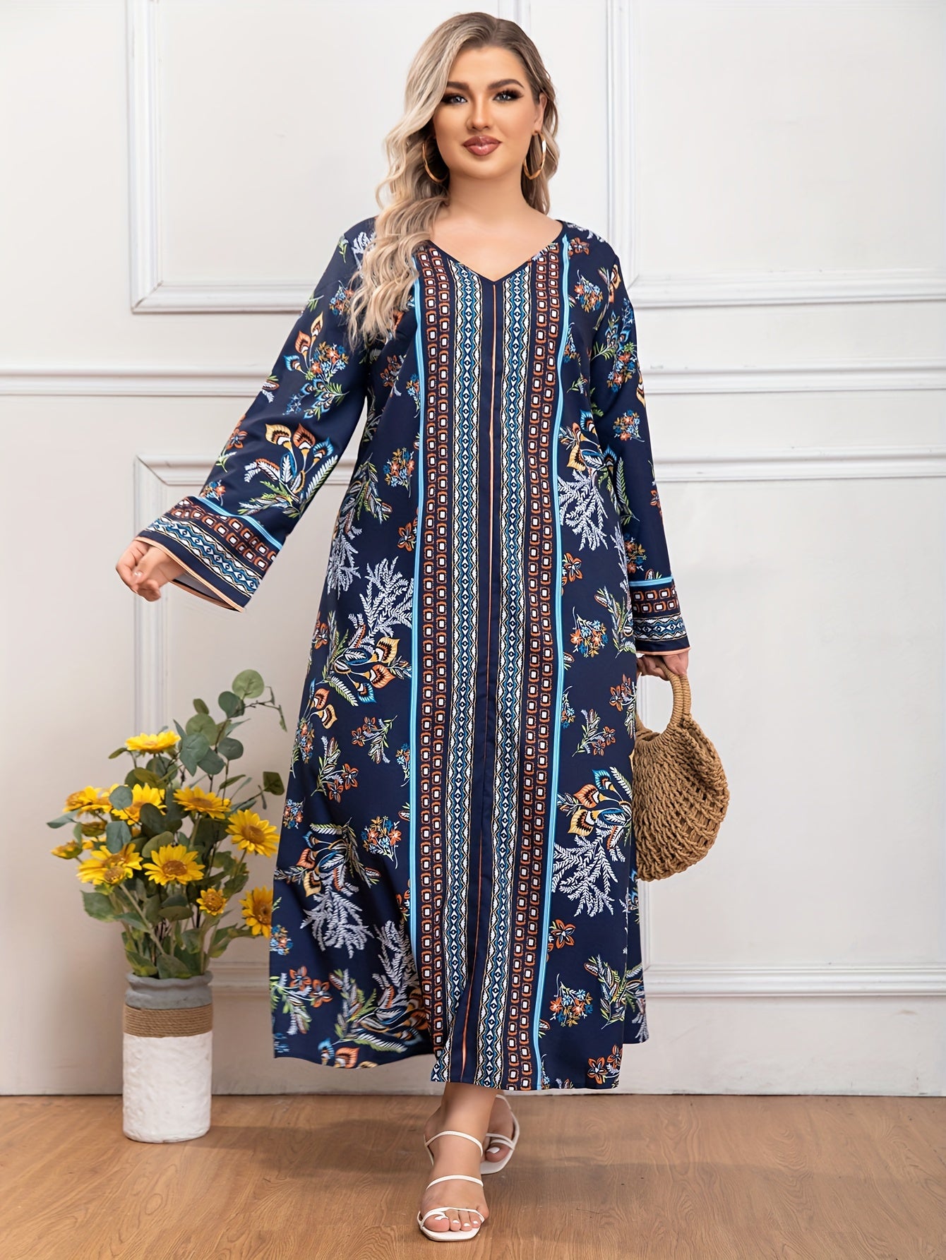 Colorblock Floral Print V Neck Maxi Dress