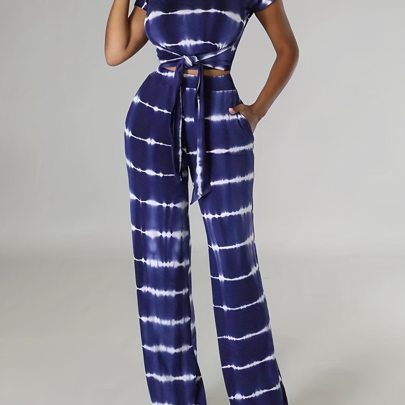 Striped Print Casual Two piece Set Knotted Short Sleeve Tee & High Waist Pants
