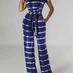 Striped Print Casual Two piece Set Knotted Short Sleeve Tee & High Waist Pants