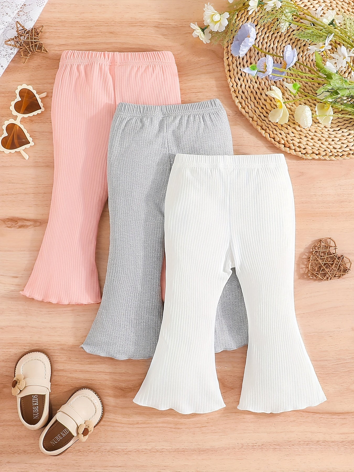 Toddler Baby Girl's Flared Pants 3pcs Outfit Ribbed Knit Leggings