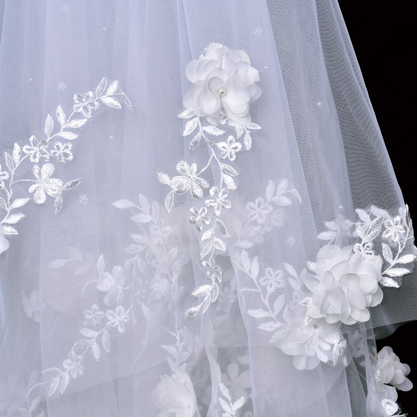 Romantic Double Layer Bridal Veil with 3D Florals and Beaded Detailing