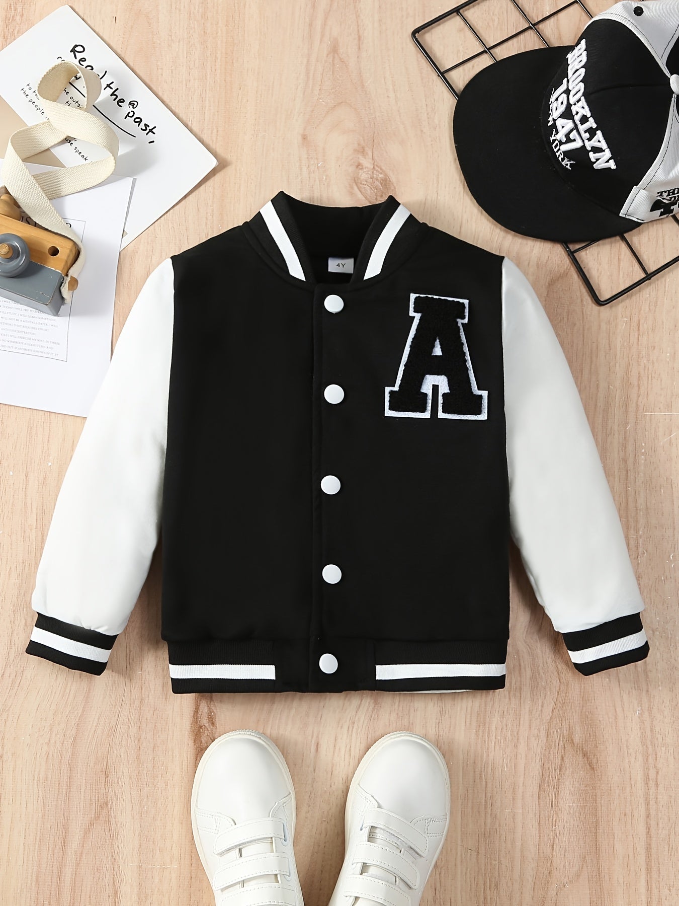 Boys Letter A Embroidered Varsity Jacket Long Sleeve with Baseball Collar