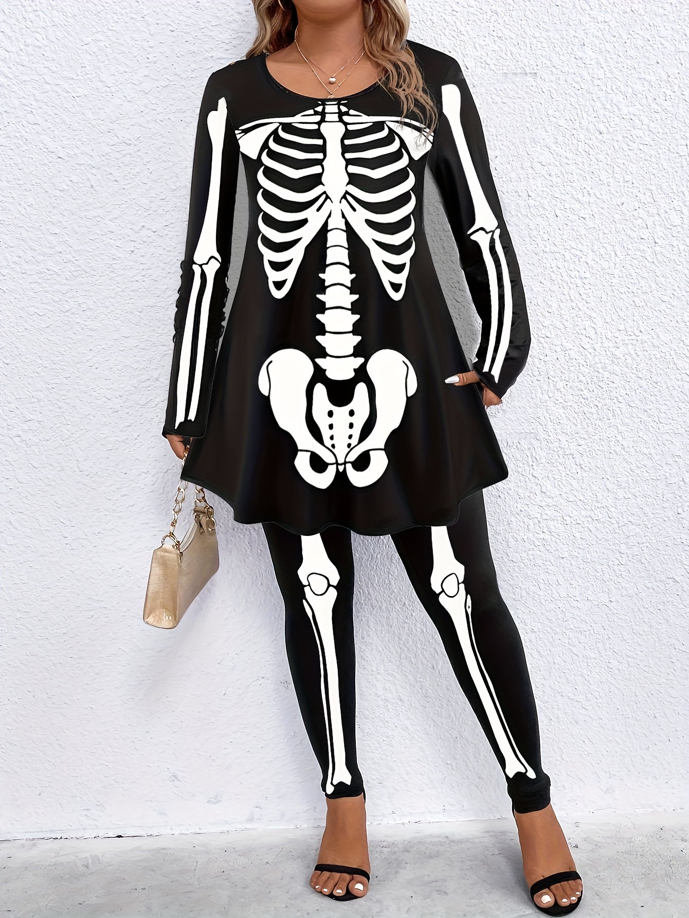 Women's Plus Skeleton Print Top & Legging Set Halloween Gothic Outfit