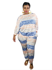 Print Long Sleeve Top & Pant Set Women's Plus Medium Stretch Set