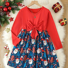 Girls Santa Graphic Long Sleeve Dress with Bow Belt