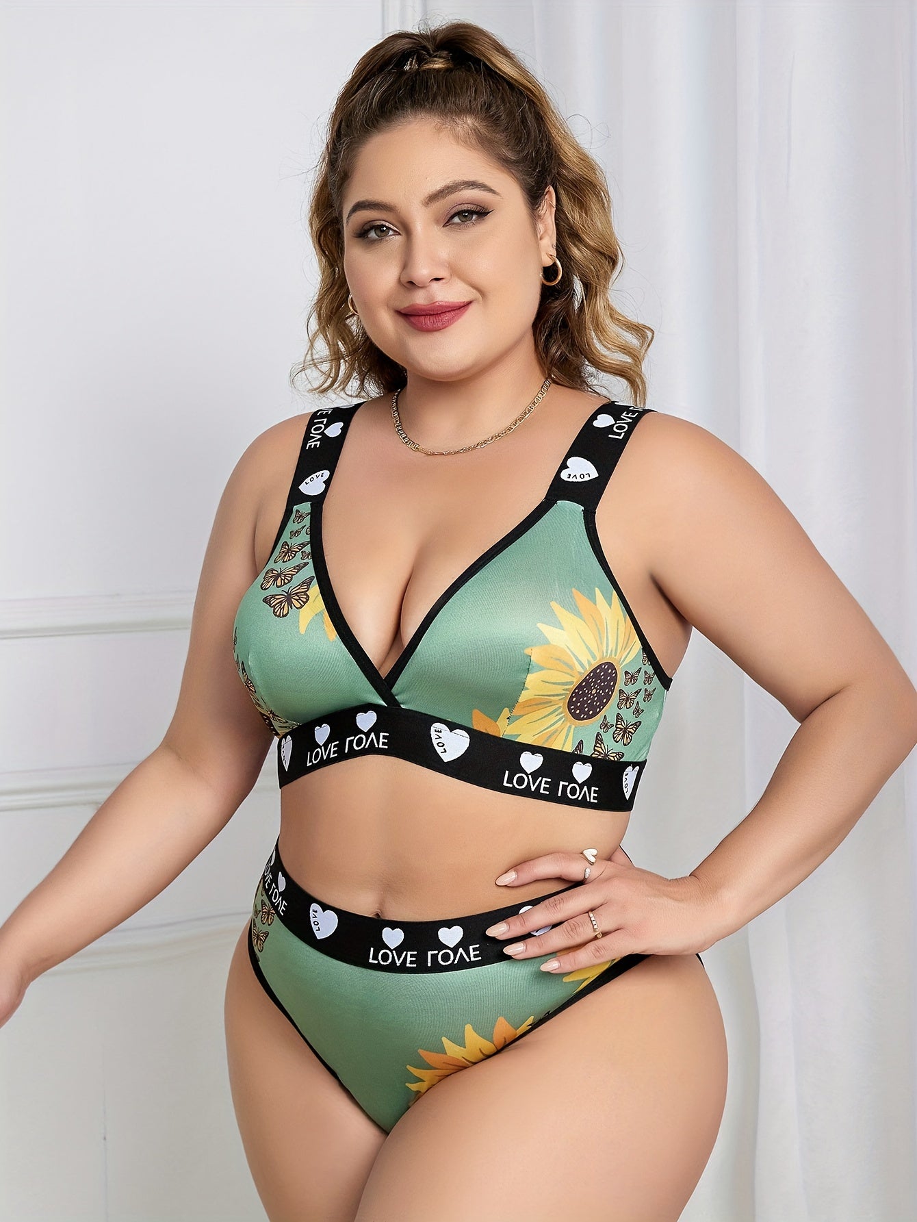 Sunflower Print V Neck Bra & Panty Lingerie Set
