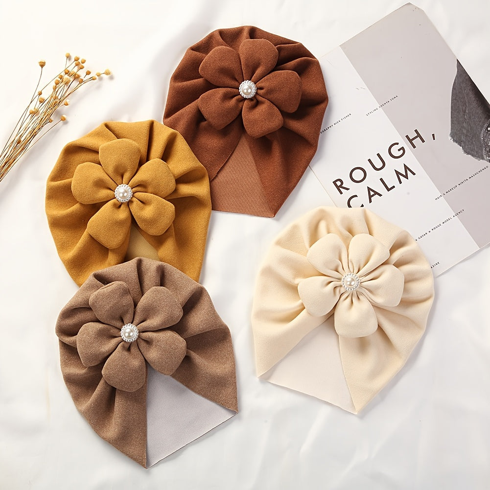 Newborn Toddler Pearl Flower Beanie Head Wrap Hat Solid Turban Headband