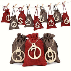 24 Christmas Countdown Bags Advent Calendar Burlap Bags With Wooden Labels
