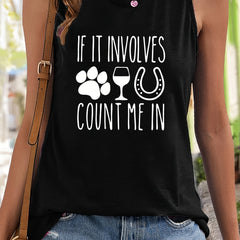 Paw & Letter Print Sleeveless Sports Vest Round Neck Casual Tops