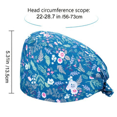 Floral Print Nurse Scrub Cap with Lace Up Elastic - Adjustable Work Hat