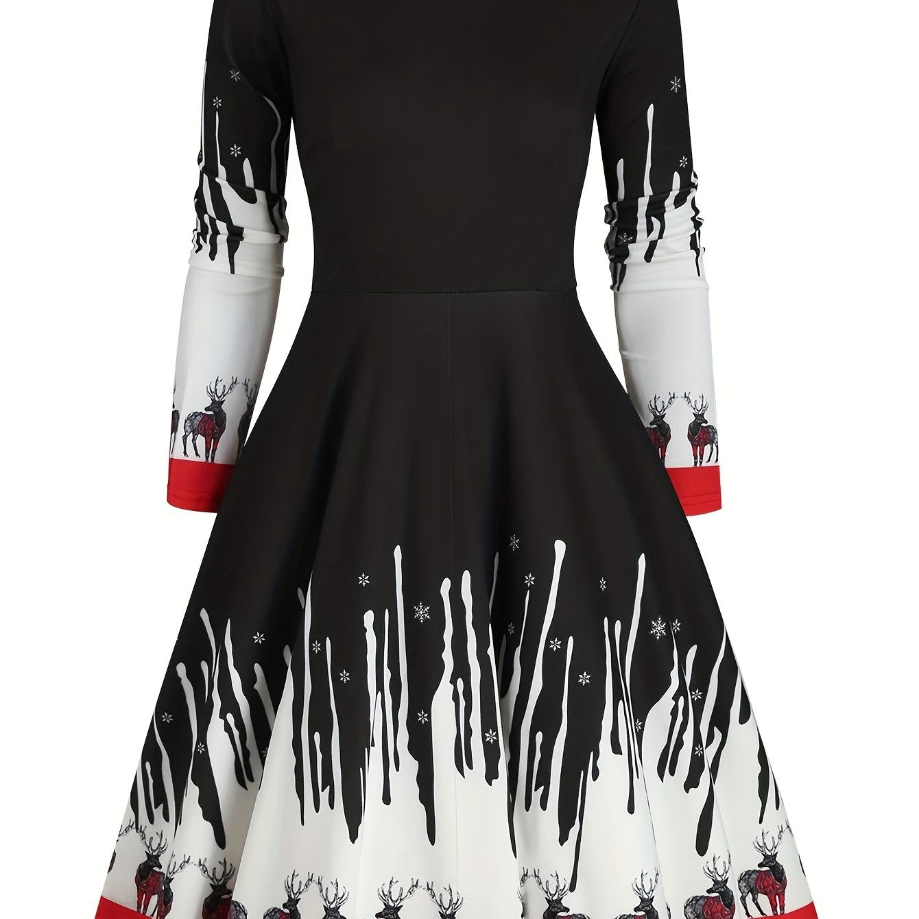 Colorblock Deer Print Round Neck Dress