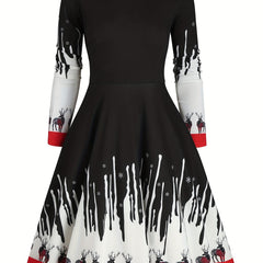 Colorblock Deer Print Round Neck Dress