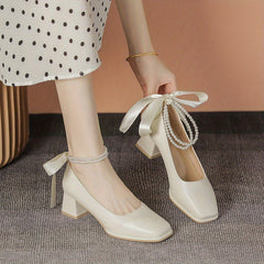 Chunky Heeled Dress Shoes Square Toe Faux Pearl Ankle Strap Mid Heels