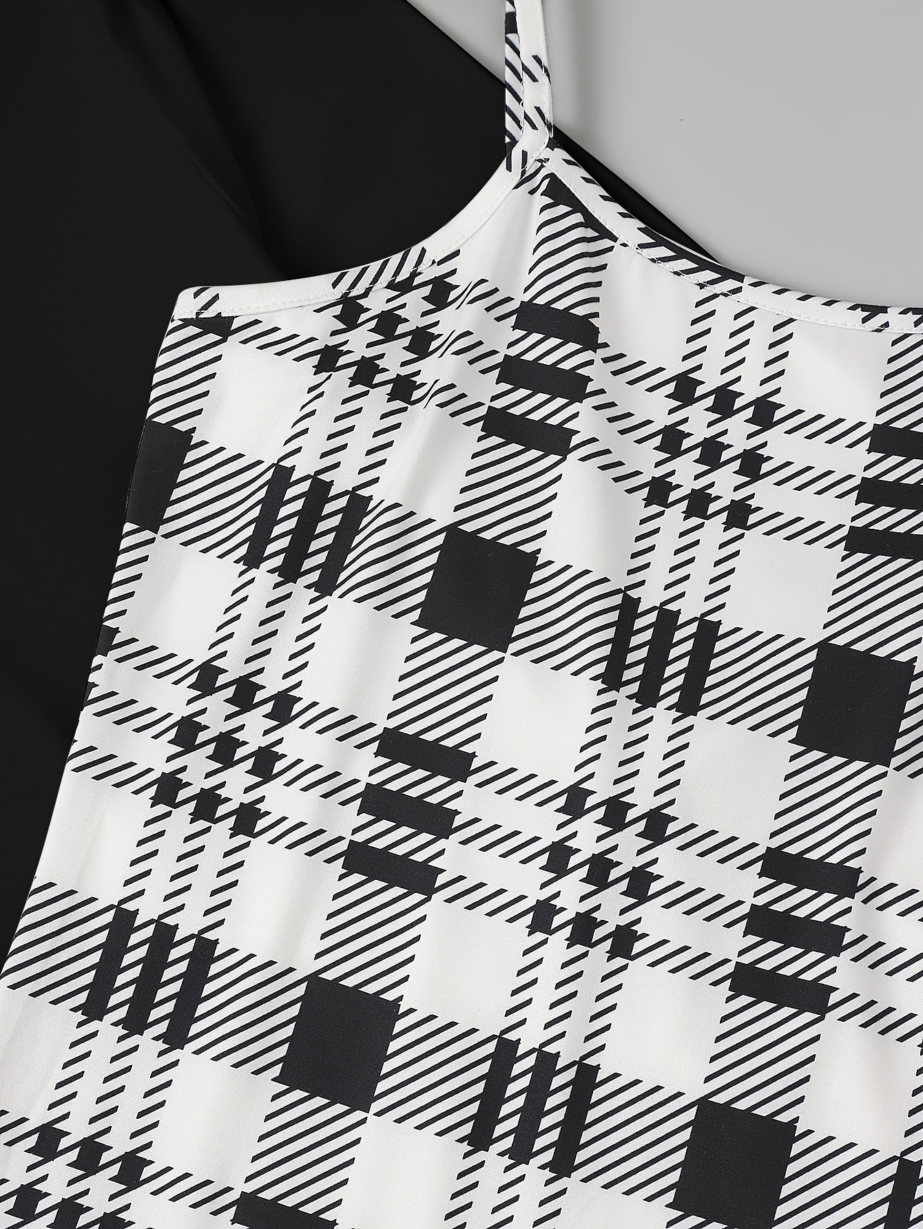 2 Piece Set Long Sleeve Top & Plaid Print Cami Dress Outfits
