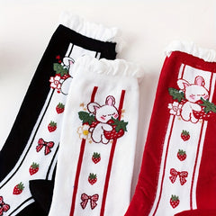 3 Pairs Bunny Print Socks Cute & Ruffle Women's Stockings