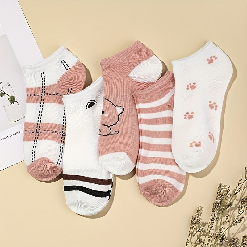 5 Pairs Striped Crew Socks Comfy Low Cut Ankle Socks Women's Stockings