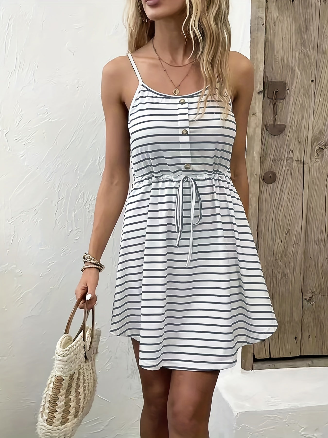 Striped Button Front Cami Dress with Drawstring Waist