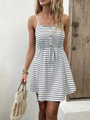 Striped Button Front Cami Dress with Drawstring Waist