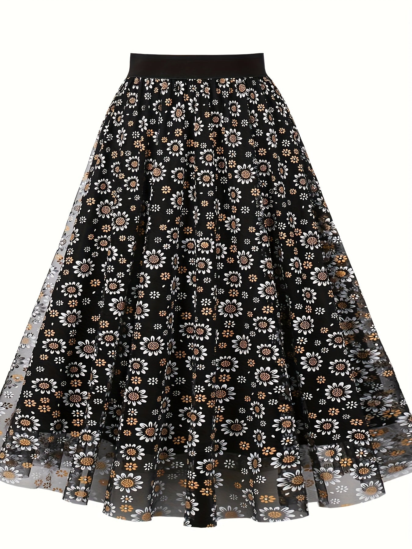 Floral Print Mesh High Rise A line Plus Size Skirt