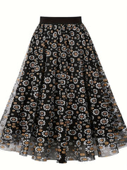 Floral Print Mesh High Rise A line Plus Size Skirt