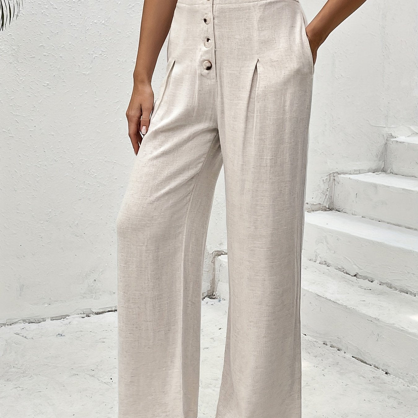Solid Wide Leg Pants Casual Pocket Pleated Pants Women's Clothing