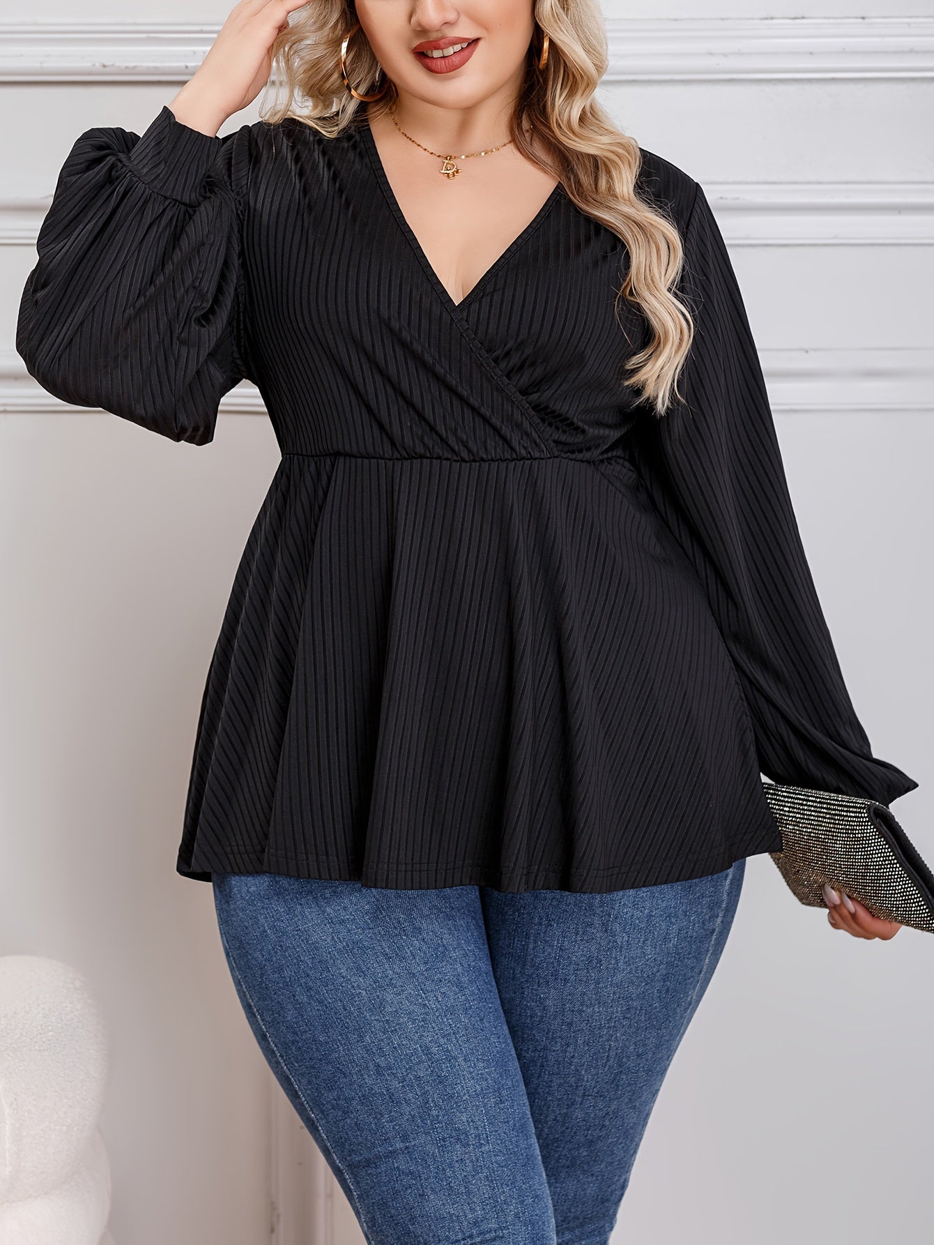 Lantern Sleeve Ribbed Blouse