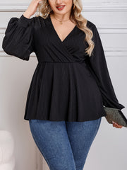 Lantern Sleeve Ribbed Blouse