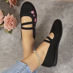 Women's Breathable Knit Flat Shoes Casual Slip On Embroidered Shoes