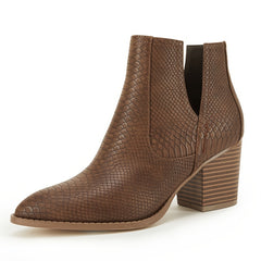 Snakeskin Print Ankle Boots Pointed Toe Slip On Shoes Cut Out Booties