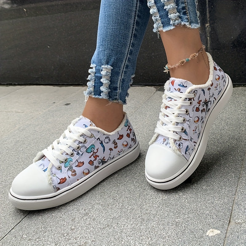 Women's Cartoon Canvas Lace Up Flat Shoes