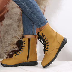 Women's Ankle Flat Boots Lace Up Faux Leather Shoes