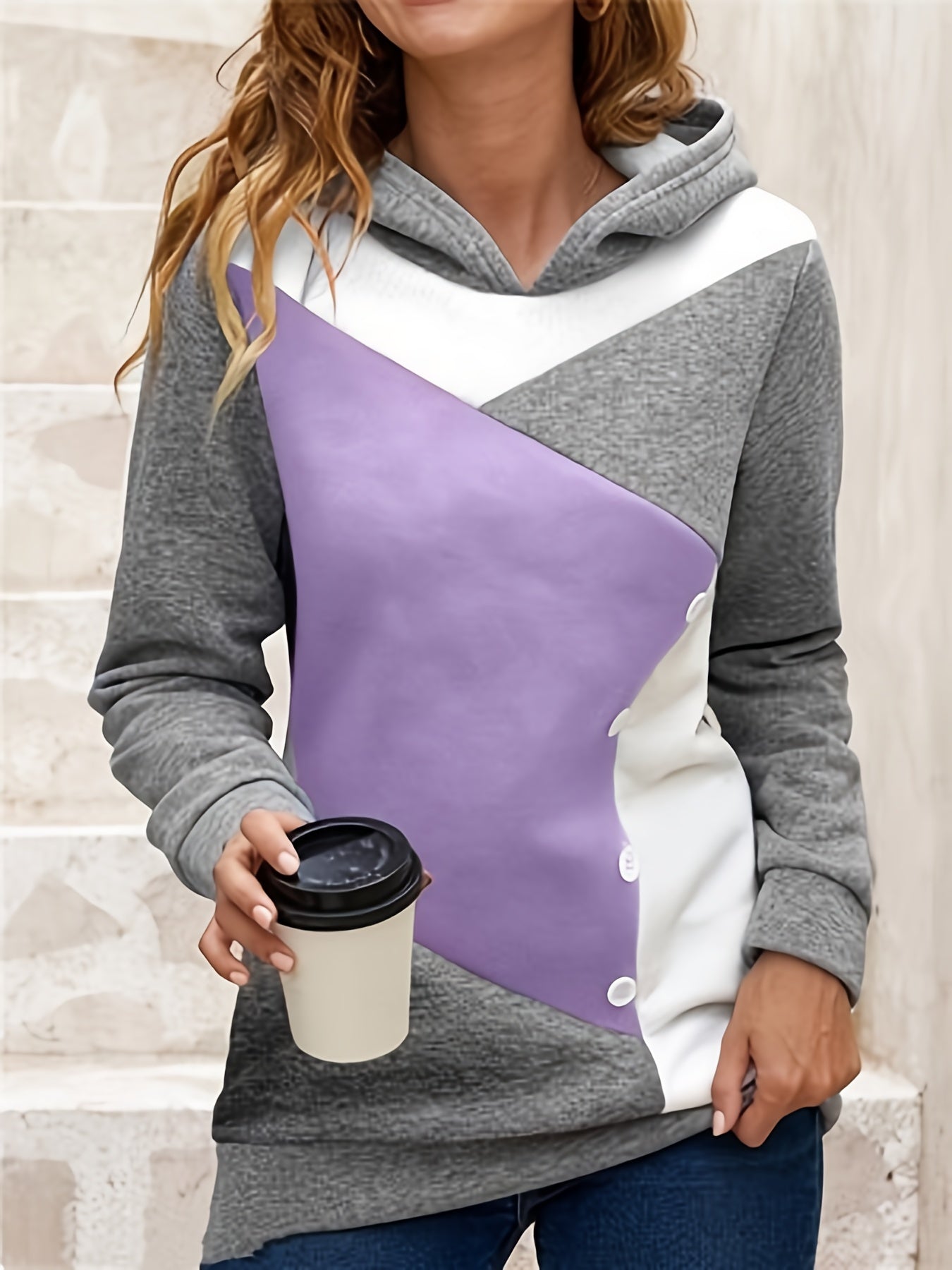 Block Button Hoodie Casual Sweatshirt Women's Clothing