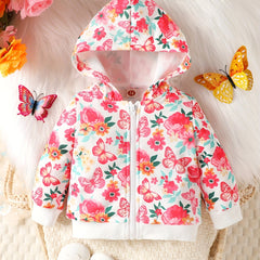 Flower & Butterfly Print Hooded Jacket for Baby Girls