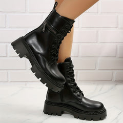 Women's Platform Combat Boots Round Toe Side Zipper Lace Up Ankle Boots