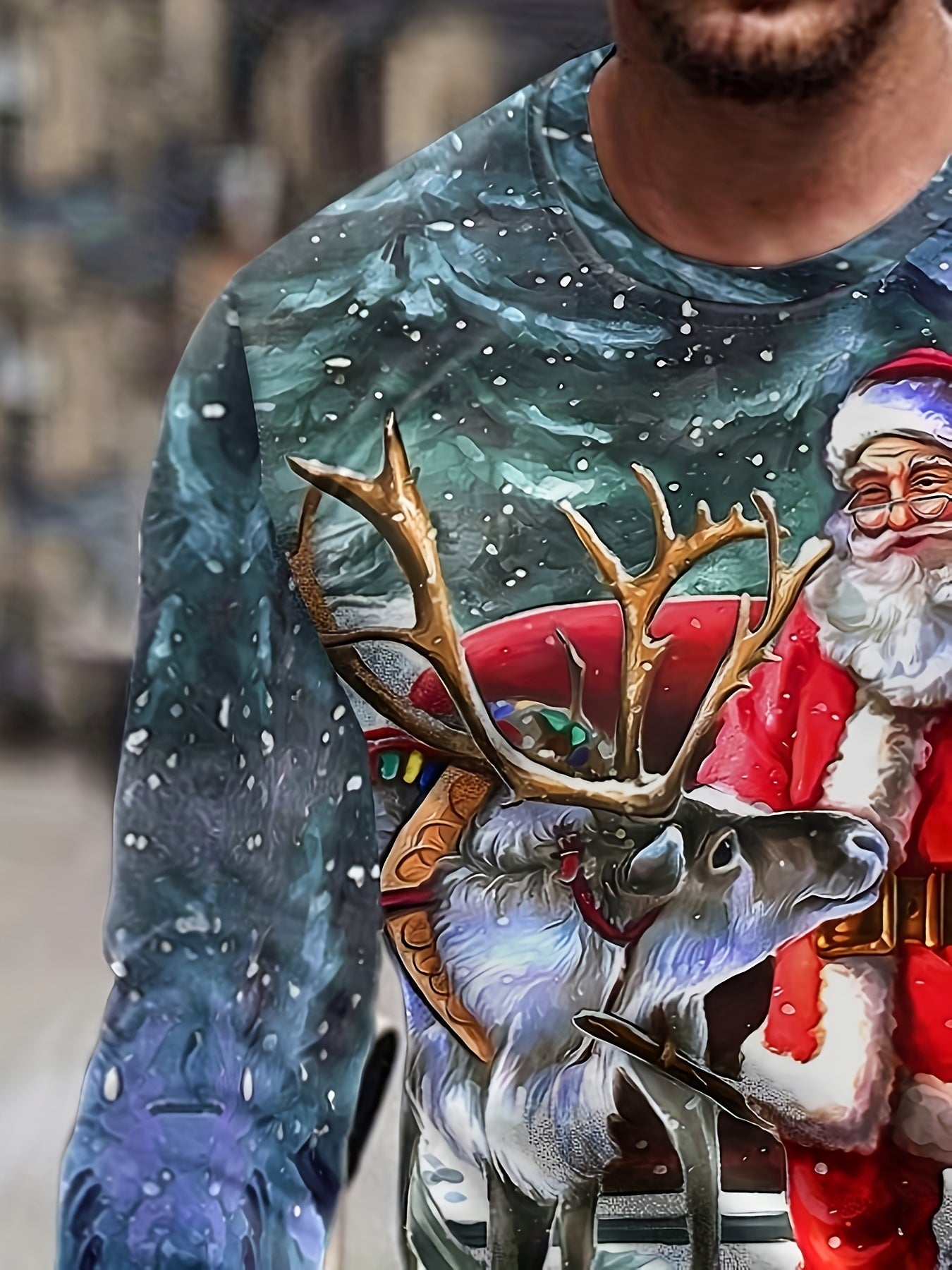 Christmas Deer Print Men's Long Sleeve T-shirt Stylish Tees For Autumn