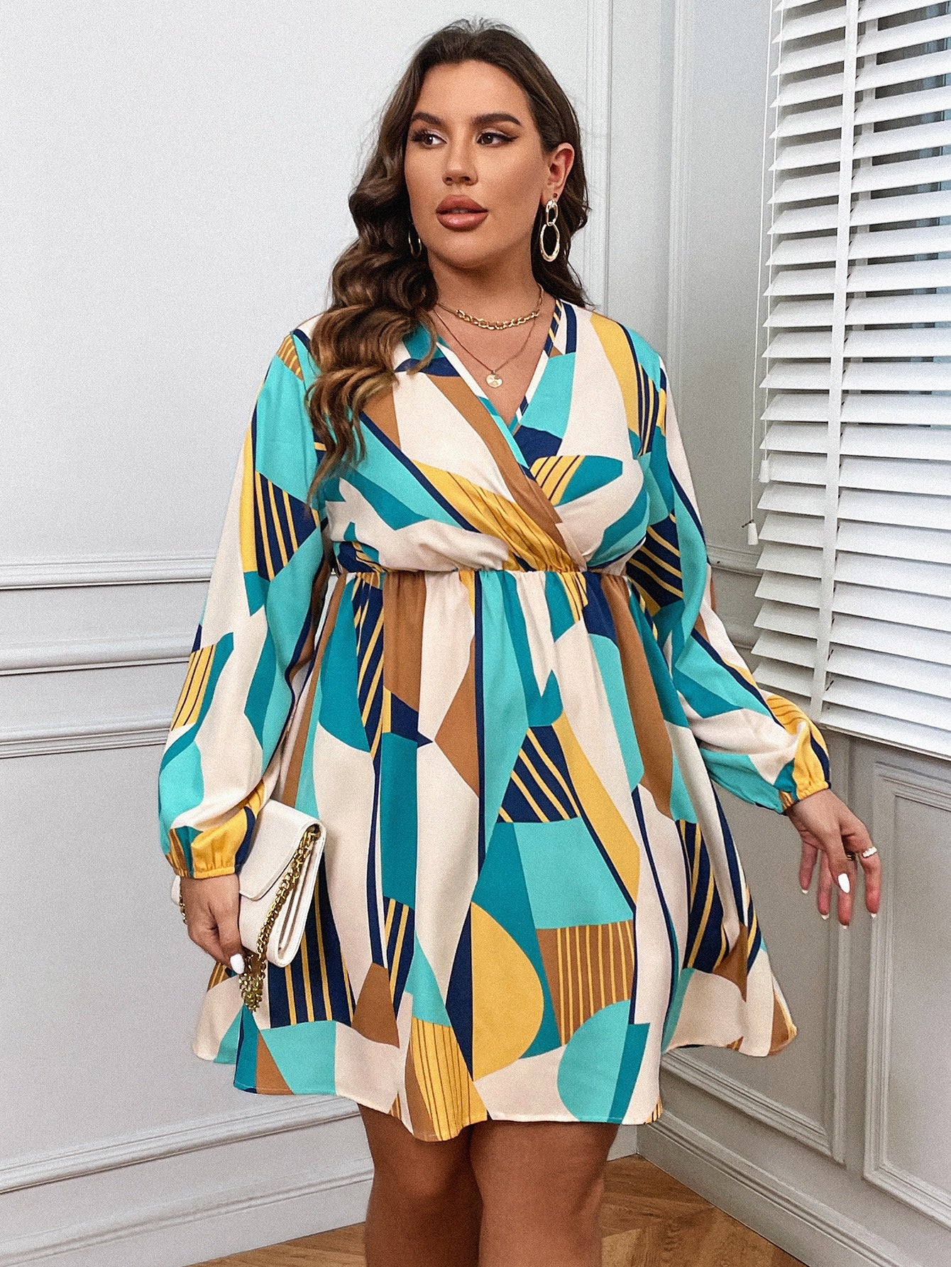 Colorblock Geometric Print Surplice Neck Mini Dress
