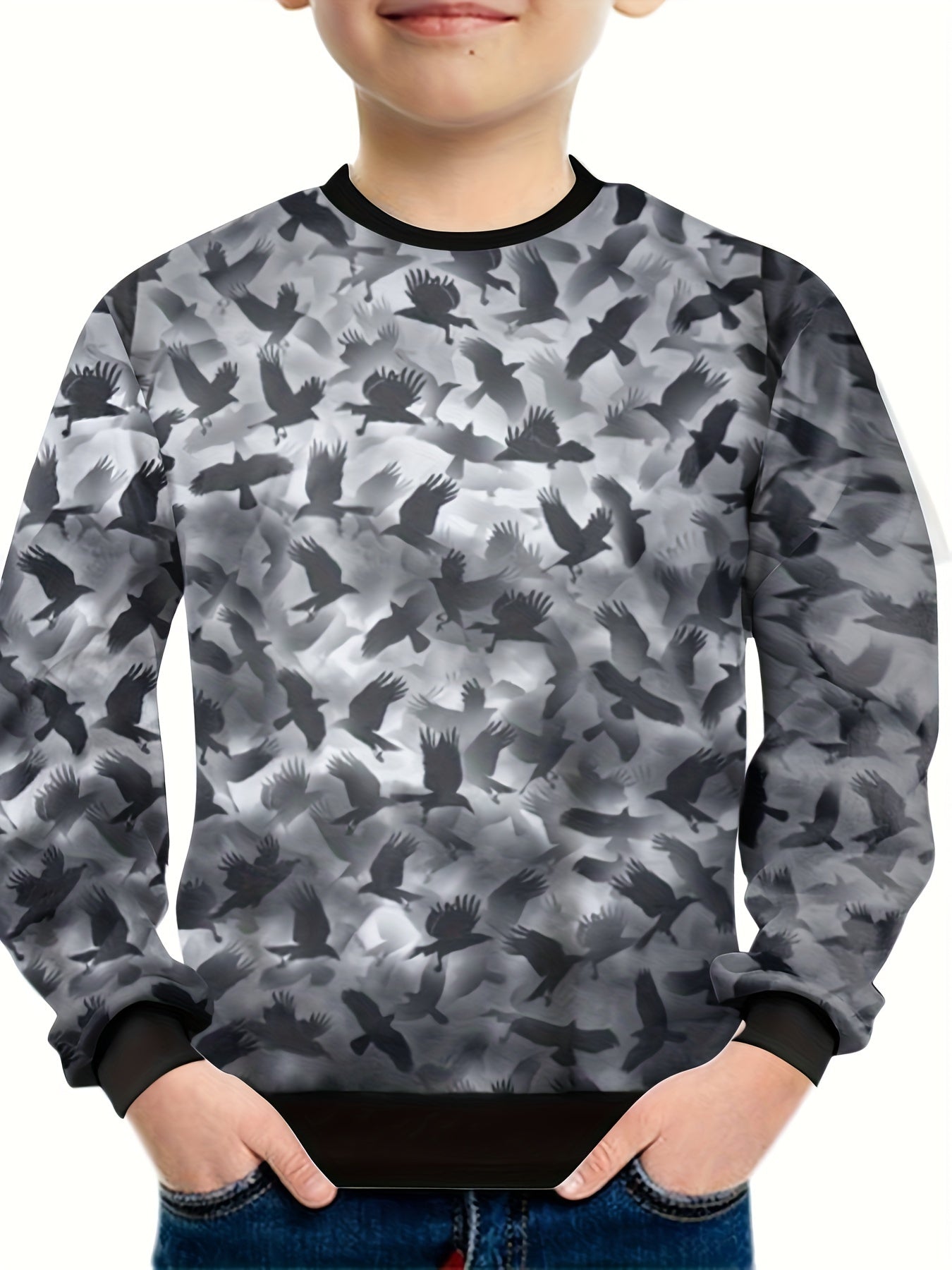 Flying Bird Pattern Print Boys Sweatshirt Long Sleeve Pullover Top