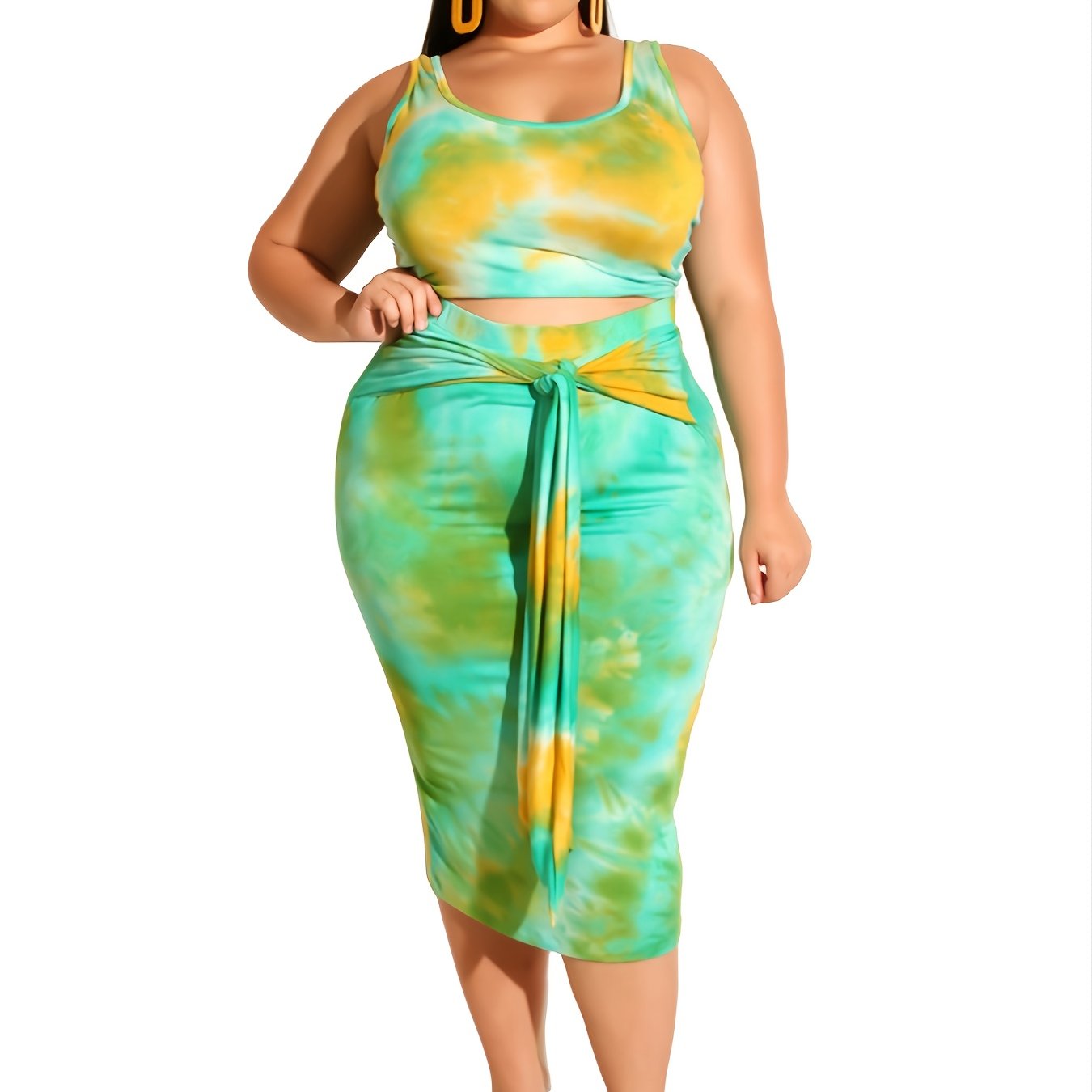 Tie Dye Crop Top & Pencil Skirt Set with Belt