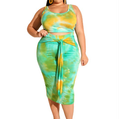 Tie Dye Crop Top & Pencil Skirt Set with Belt