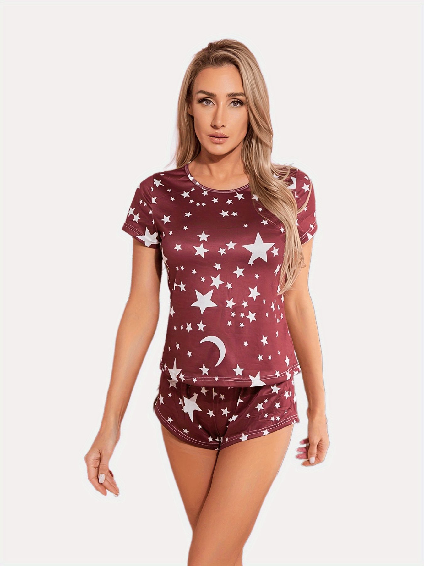 Star Print Pajama Set Short Sleeve Crew Neck Top & Elastic Waistband Shorts
